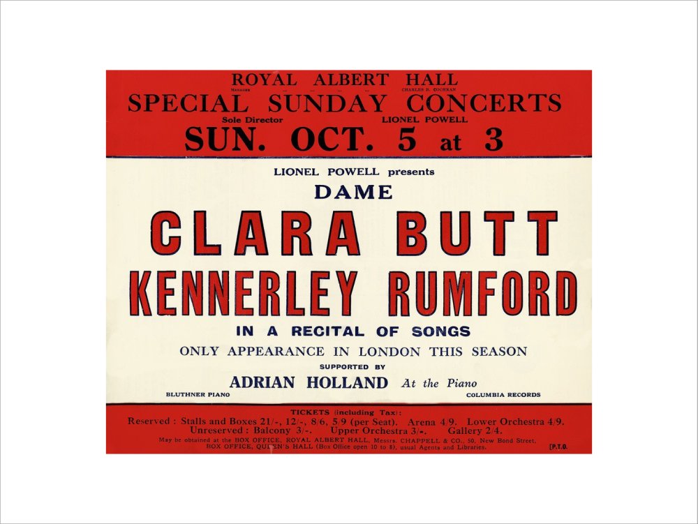 Handbill for Special Sunday Concerts 1930-1931 - Dame Clara Butt and Kennerley Rumford, A Recital of Songs, 5 October 1930 - Royal Albert Hall