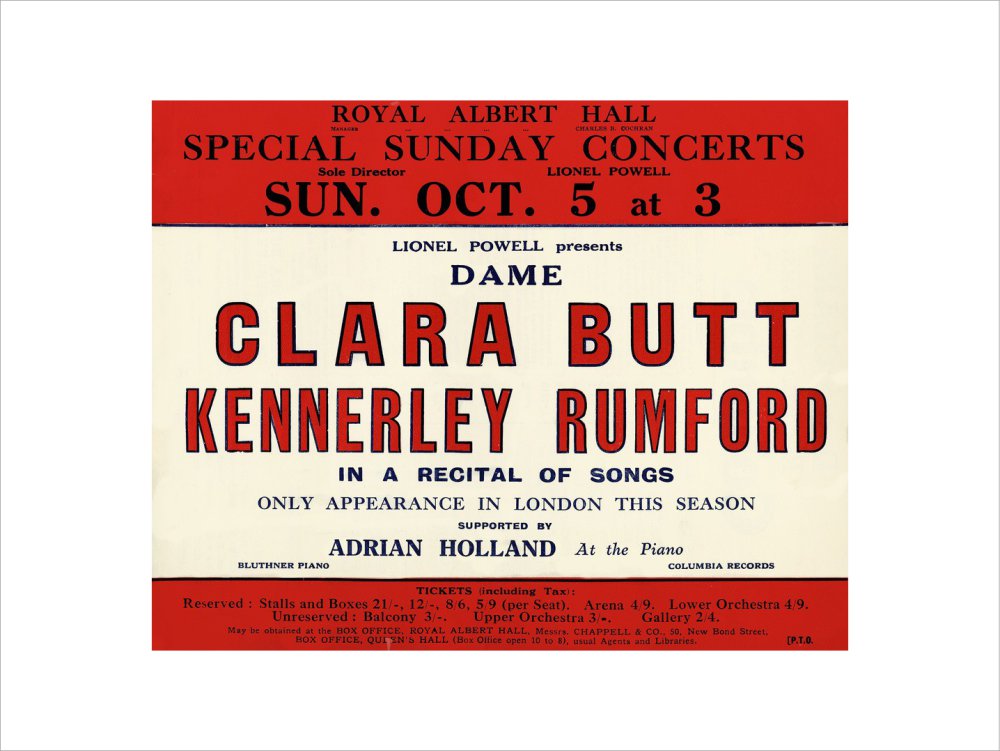 Handbill for Special Sunday Concerts 1930-1931 - Dame Clara Butt and Kennerley Rumford, A Recital of Songs, 5 October 1930 - Royal Albert Hall