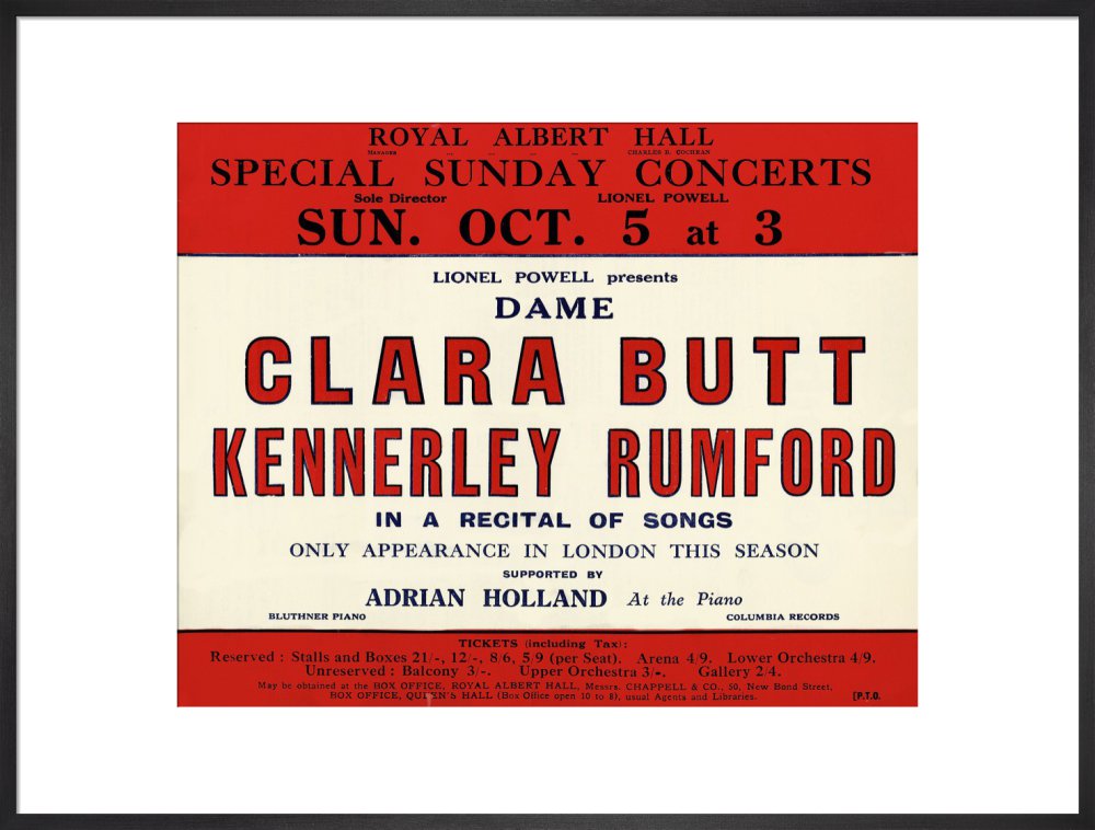 Handbill for Special Sunday Concerts 1930-1931 - Dame Clara Butt and Kennerley Rumford, A Recital of Songs, 5 October 1930 - Royal Albert Hall