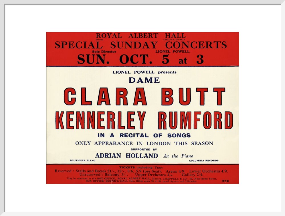 Handbill for Special Sunday Concerts 1930-1931 - Dame Clara Butt and Kennerley Rumford, A Recital of Songs, 5 October 1930 - Royal Albert Hall