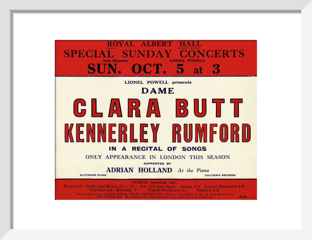 Handbill for Special Sunday Concerts 1930-1931 - Dame Clara Butt and Kennerley Rumford, A Recital of Songs, 5 October 1930 - Royal Albert Hall