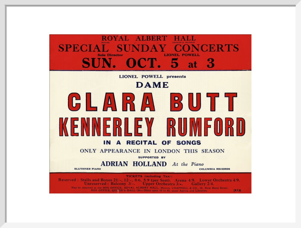 Handbill for Special Sunday Concerts 1930-1931 - Dame Clara Butt and Kennerley Rumford, A Recital of Songs, 5 October 1930 - Royal Albert Hall