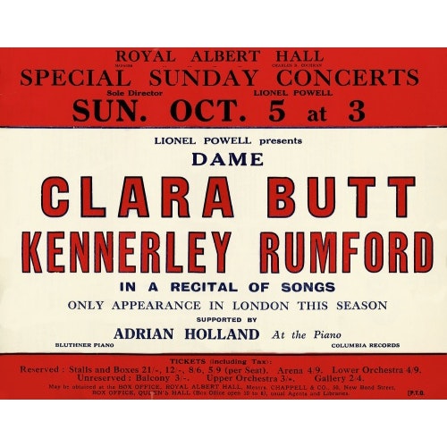Handbill for Special Sunday Concerts 1930-1931 - Dame Clara Butt and Kennerley Rumford, A Recital of Songs, 5 October 1930 - Royal Albert Hall