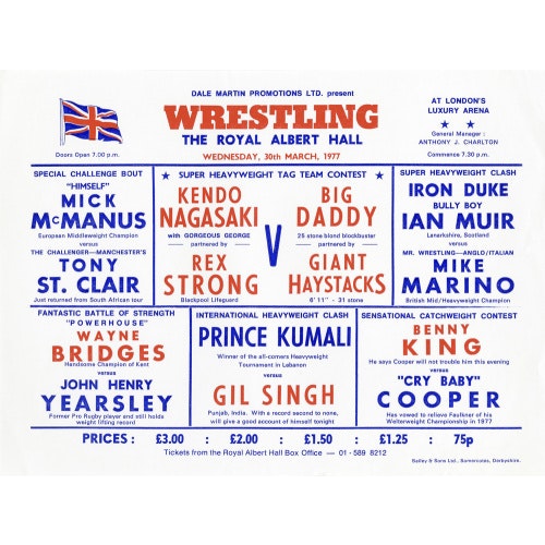 Handbill from Wrestling Spectacular, 30 March 1977 - Royal Albert Hall