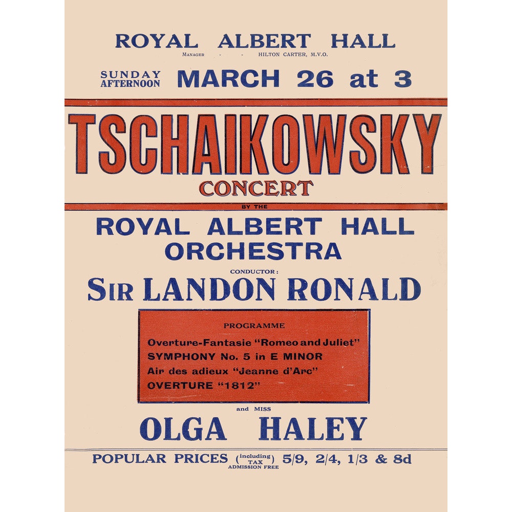 Handbill from Special Sunday Concerts (1921-1922 Season) - Tschaikowsky Concert by the Royal Albert Hall Orchestra and Miss Olga Haley, 26 March 1922