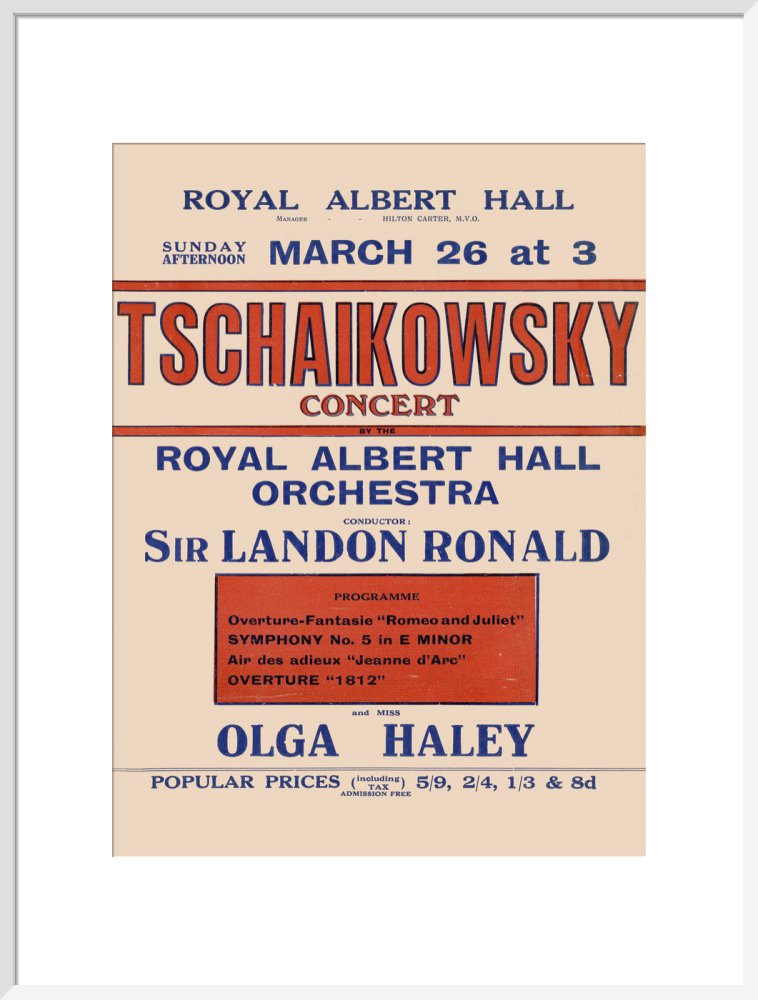 Handbill from Special Sunday Concerts (1921-1922 Season) - Tschaikowsky Concert by the Royal Albert Hall Orchestra and Miss Olga Haley, 26 March 1922 - Royal Albert Hall