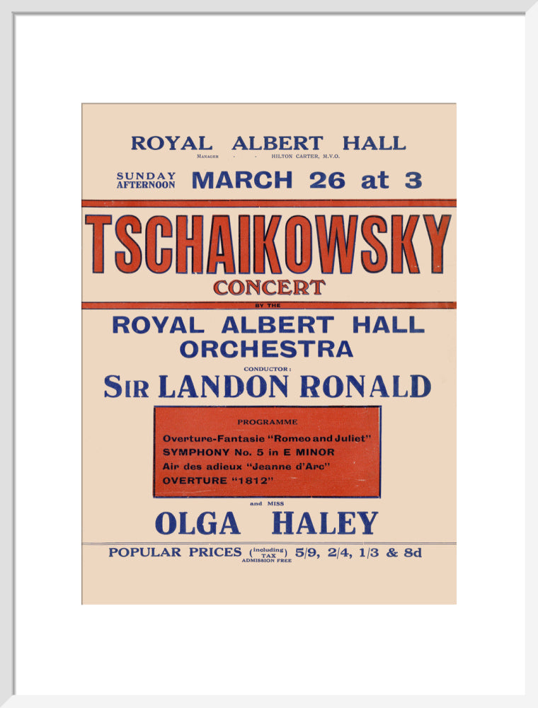 Handbill from Special Sunday Concerts (1921-1922 Season) - Tschaikowsky Concert by the Royal Albert Hall Orchestra and Miss Olga Haley, 26 March 1922