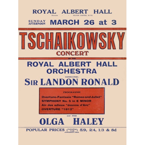 Handbill from Special Sunday Concerts (1921-1922 Season) - Tschaikowsky Concert by the Royal Albert Hall Orchestra and Miss Olga Haley, 26 March 1922 - Royal Albert Hall